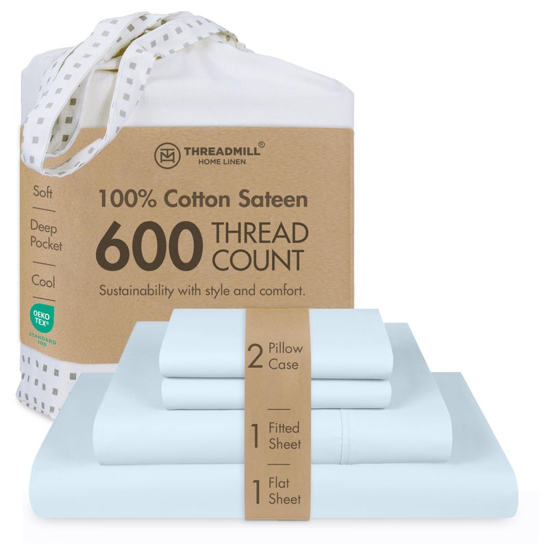 Threadmill 100% Cotton Sheets for Full Size Bed - 600 Thread Count Full Bed Sheets Set with 16â€ Deep Pocket - Sateen Weave 4-Piece Bedding Set with Cooling Effect, Blue - Image 1